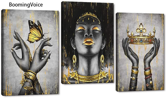 BoomingVoice - Black Pretty Fashion Girl Canvas Print Picture for Bathroom Gold Crown Jewelry Wall Decor Artwork Gallery-Wrapped African Canvas Print Poster Modern Home Artwork Giclee Art Ready to Hang - 36