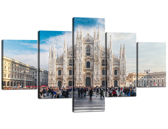 Yan Quan Europe City Buildings Paintings Picture for Home Decorations Gallery Wrapped Modern Milan Cathedral 5 Panels Framed Giclee Artwork (70''Wx40''H)