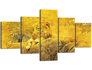 Modern Animal Home Decor Hand Drawn Retro Oil Painting Giclee Artwork 5 Panels Lion on The Stone Prints on Canvas Wall Art Ready to Hang for Home and Office Decoration - 70''W x 40''H