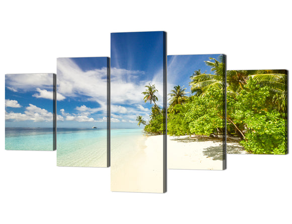 Yan Quan Painting on Canvas Seascape Pictures Wall Art 5 Piece Beautiful Beach Prints Palm Tree and Island Seaside Decorations for Living Room Home Decor Artwork Framed Ready to Hang (70''Wx40''H)