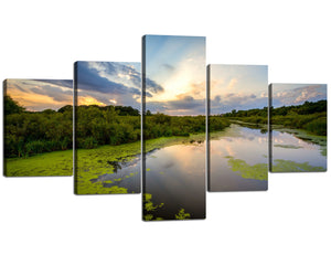 Green Wall Art River Picture Canvas Print Art Sunset Landscape Painting Giclee Artwork 5 Panel Framed for Home Office Wall Decoration (50''Wx24''H)