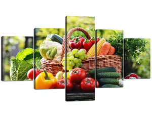 Modern Home Kitchen Accessories Wall Art Picture Green Red Fruits and Vegetables Canvas Art Painting 5 Pieces 5 Panels Prints Posters Framed Stretched Home Decor Giclee Artwork (70''W x 40''H)