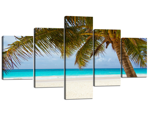 Canvas Prints Wall Art Poster Ocean Pictures Paintings on Canvas 5 Pannel Wall Decor Beach Palm Painting Home Decor Pictures Decorations 5 Piece Stretched and Framed Seascape Artwork (70''Wx40''H)