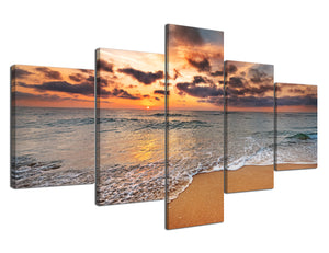 Yan Quan 5 Panels Seaview Giclee Canvas Prints Artwork Sunset White Wave over the Beach Picture Prints on Canvas Wall Art Wrapped with Wooden Frame for Home Decor - 70" W x 40" H