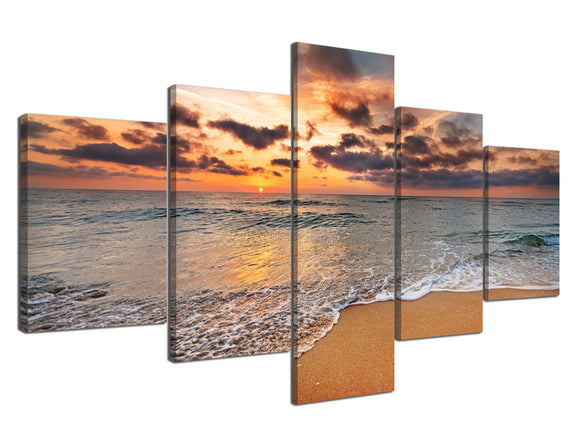 Yan Quan 5 Panels Seaview Giclee Canvas Prints Artwork Sunset White Wave over the Beach Picture Prints on Canvas Wall Art Wrapped with Wooden Frame for Home Decor - 70