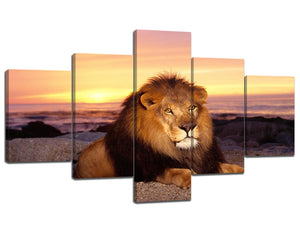 5 Panels Animal Wall Art Lion with Sunset Painting Prints on Canvas Giclee Artwork Modern HD Gallery-Wrapped Prints and Posters Ready to Hang for Living Room Decor - 70" W x 40" H