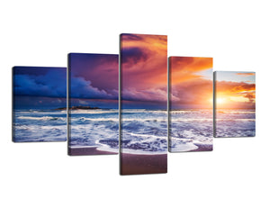 Yan Quan 5 Piece Wall Art Paintings Sunrise Beautiful Beach Colorful Sky Pictures on Stretched and Framed Canvas Giclee Prints Posters for Home and Office Decoration - 70" W x 40" H