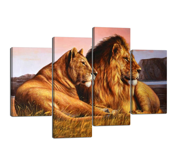 Yan Quan 4 Panels Lioness Lion on The Prairie Wall Art Painting Pictures Print on Canvas Modern Animals Stretched Framed Decorative Artwork Home Office Decoration - 56''W x 40''H