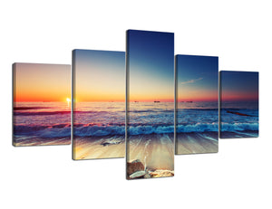 5 Panels Wall Art Painting Beautiful Sunset Blue Wave Prints on Canvas Modern Seascape Pictures Prints and Posters Easy Hanging for Home Decoration - 70"W x 40"H