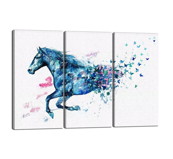 Modern Watercolor Wall Artwork 3 Panels Dreamy Running Horse Becomes Many Butterflies Pictures on Canvas Wall Art Ready to Hang for Bedroom Living Room Decor - 60