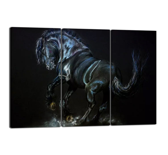 3 Panels Modern Framed Wrapped Giclee Canvas Prints European Black Horse Running Pictures on Canvas Wall Art for Bedroom Living Room Decor - 60