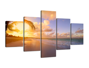 5 Piece Modern Ocean Seascape Canvas Painting Art Beautiful Sunset Over the Tropical Beach Pictures on Canvas Wall Art Stretched and Framed Ready to Hang for Bedroom Living Room Decor - 70"W x 40"H