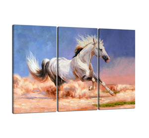 Contemporary Wild White Horse Running Fast Oil Painting Canvas Prints Artwork 3 Panels Modern Wrapped Giclee Stretched and Framed Ready to Hang - 60"W x 40"H