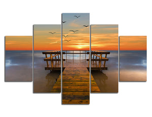 Canvas Wall Art Maldives Beach Sunset Bridge Ocean Seagull Picture Artwork Contemporary Nature Seascape Painting Giclee Prints Framed Ready to Hang for Home Decoration - 70''Wx40''H