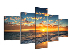 Yan Quan Yan Quan 5 Panels Seascape Wall Art Painting Modern Beach Colorful Sunrise Blue Sky White Wave Picture Print on Canvas Giclee Artwork for Home Decor, Waterproof - 70" W x 40" H