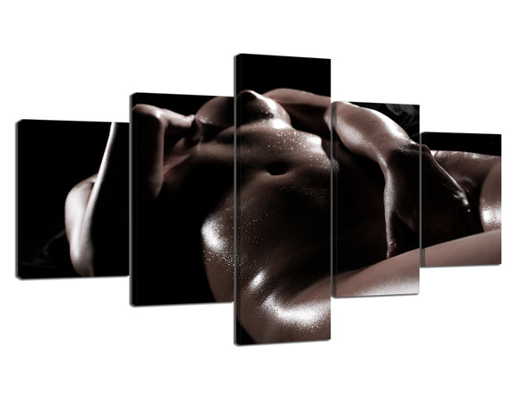 5 Panels Sexy Framed Wall Art Sexual Nude Lady Body Water Drops in Dark Background Modern Sexy Gallery-Wrapped Giclee Canvas Prints Artwork Ready to Hang Bedroom Decor - 70''W x 40''H