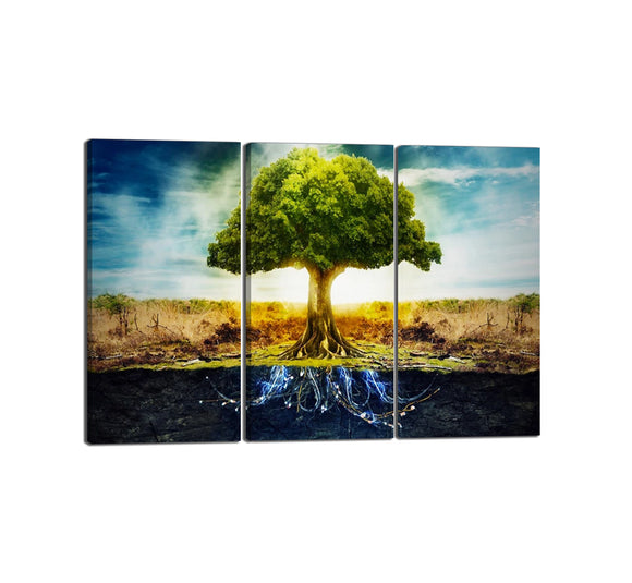 Blue Sky with A Green Tall Lively Tree Growing in the Drying Grass Strongly Oil Painting Prints Picture on Canvas 3 Piece Modern Gallery Wrapped Giclee Wall Artwork for Home Decoration - 60