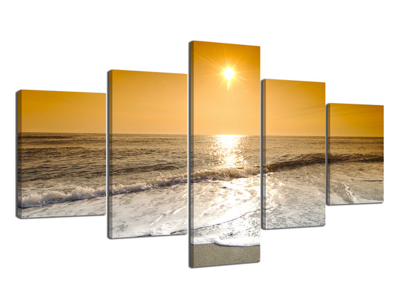 Yan Quan Modern Ocean Wall Art 5 Panels Bright Sunshine over the Beach Painting Artwork Stretched and Framed Ready to Hang Seascape Decorative Giclee Canvas for Home Decor - 70