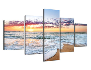 Modern Blue Ocean Sea Print Wall Art Decor 5 Panels Colorful Sunset over White Wave Beach Picture Painting on Canvas Wall Art Stretched and Framed Ready to Hang - 70"W x 40"H