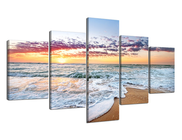 Modern Blue Ocean Sea Print Wall Art Decor 5 Panels Colorful Sunset over White Wave Beach Picture Painting on Canvas Wall Art Stretched and Framed Ready to Hang - 70