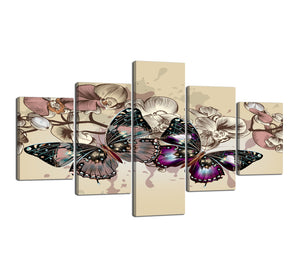 Yan Quan 5 Panels Modern Wall Art Canvas Animal Painting Artwork Colorful Butterflies and Flowers Stretched and Framed Wrapped Giclee for Home and Office Decoration - 70''W x 40''H
