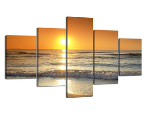 Yan Quan Modern 5 Panels Seascape Wall Art Bright Sunrise And Beach with Blue Sea Wave Pictures Prints on Canvas Seaview Pictures Artwork for Home Decor - 70" W x 40" H