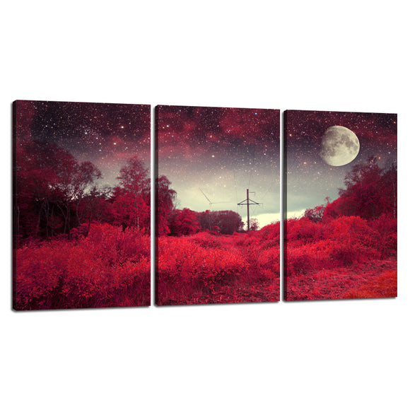 3 Panels Modern Red Night Wall Art Picture Stretched and Framed Landscape Canvas GIclee Artwork Ready to Hang for Living Room Bedroom Decoration - 48''Wx24''H