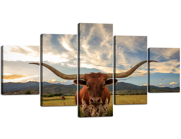 Yan Quan 5 Piece Animal HD Painting Canvas Prints Texas Longhorn Steer in Rural Utah Giclee Artwork Modern Framed Stretched Wall Art Painting Living Room Decor - 60''W x 32''H