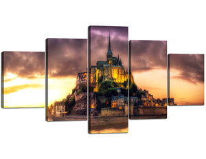 Modern Home Decoration Wall Art,Mont St Michel Illuminated at Night Landscape Picture Painting on Canvas Print Stretched Wood Frame Ready to Hang(60"Wx32"H)