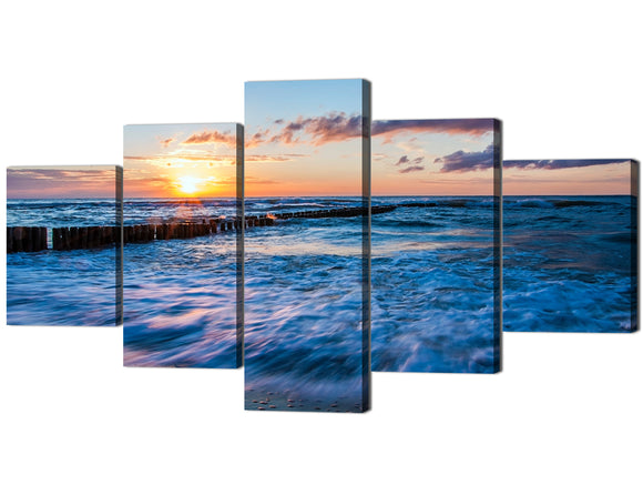 Art HD Painting Canvas Prints Home Decoration, Sunrise Beach Seascape Coast Picture Print on Canvas 5 PCS Set - Modern Home Decor Wall Art - Stretched Framed - 50''W x 24''H