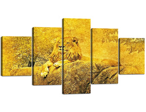 5 Piece Wall Art Painting Hand Drawn Retro Oil Painting Lion on The Stone for Home Decoration Modern Galley-Wrapped Giclee Canvas Prints Artwork Stretched to Hang - 60''W x 32''H