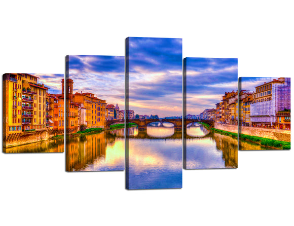 5 Panels /PCS Canvas Print- Europe Town ItalySunset Glow Landscape Painting Wall Art for Home Decor, Beautiful River & Bridge Scenic Pictures Stretched and Framed Artwork(60