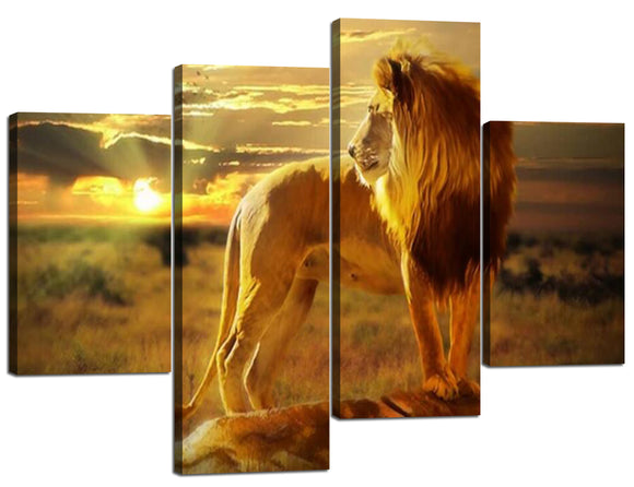 4 Piece Canvas Wall Art - Contemporary Art Sunset Wild Lion Standing on The Stone - Modern Gallery-Wrapped Decorative Prints Posters Wall Decor Gift Easy to Hang - 48''W x 36''H