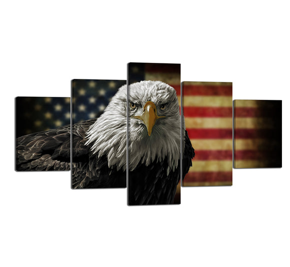 Contemporary Artwork for Home Decor 5 Panels Retro Eagle Stand in front of the USA Flag Pictures on Canvas Modern Framed Giclee Prints Wall Art Easy Hanging for Living Room Decoration - 60''W x 32''H