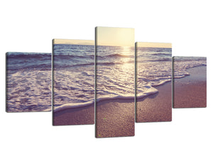 5 Piece Modern Seascape Decorative Canvas Artwork Sunset Blue Wave on the Beach Picture Paintings on Stretched and Framed Ready to Hang for Home Decor - 60''W x 32''H