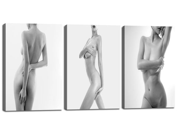 Nude Woman Sexy Artistic Black and White Art Photos Large Painting Canvas Wall Art for Interior Decoration 3 Picec Prints Posters The Picture for Home Modern Decoration Framed Stretched(60''W x 28''H)