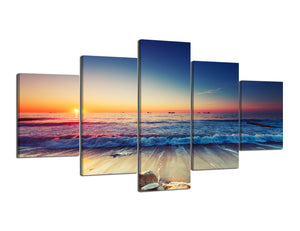 Canvas Wall Art Beautiful Sunset and Blue Waves on the Beach Wall Decor 5 Panels Modern Natural Seascape Giclee Prints Framed Ready to Hang for Home Decoration - 60''W x 32''H