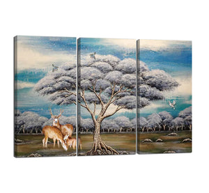 3 Piece Canvas Wall Art for Home Decor with Deer and Tree Hand-painted Oil Painting Prints Modern Artwork Stretched and Framed Canvas Wall Art Ready to Hang - 42"W x 28"H