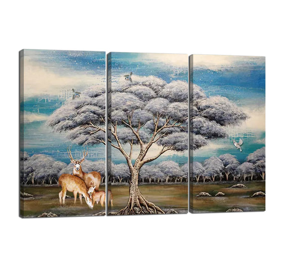 3 Piece Canvas Wall Art for Home Decor with Deer and Tree Hand-painted Oil Painting Prints Modern Artwork Stretched and Framed Canvas Wall Art Ready to Hang - 42