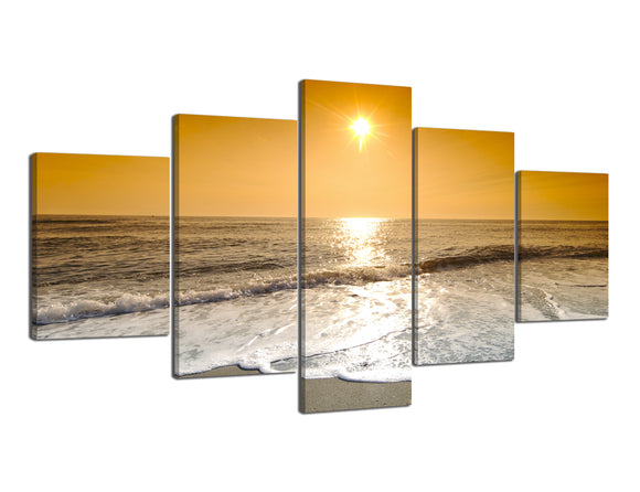 5 Panels Sunrise White Wave Pictures Painting on Canvas Wall Art Modern Seascape Gallery-Wrapped Giclee Canvas Prints Artwork Stretched and Framed Ready to Hang - 60''W x 32''H