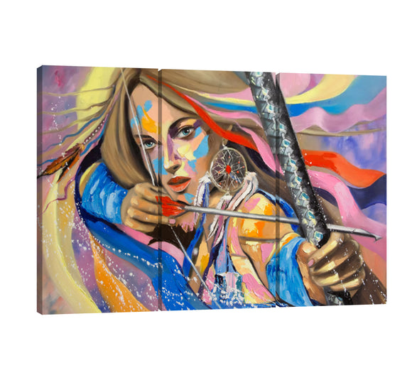 Yan Quan Modern 3 Panels Colorful Girl with Bow and Arrow Oil Painting on Canvas Wall Art Framed Wrapped Giclee Prints Artwork for Bedroom Living Room Bathroom Decoration - 42''W x 28''H