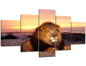 5 Piece Modern Canvas Wall Art Lion Leaning on The Stone with Sunset Animal Stretched and Framed Home Decoration Easy to Hang for Living Room Bedroom Bathroom Decoration - 60" W x 32" H