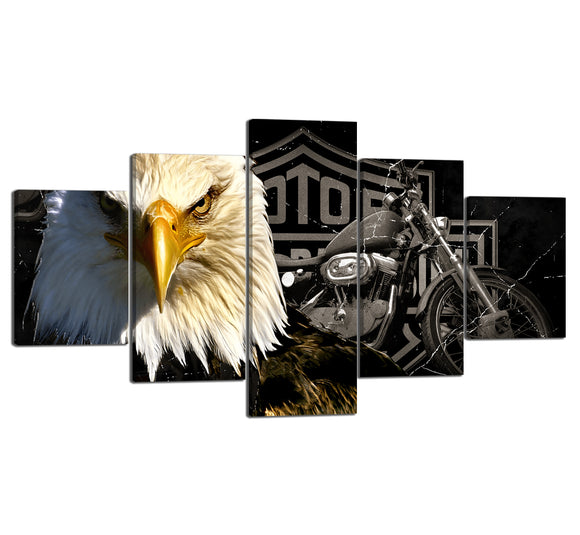 5 Panels Modern USA Eagle Motorcycle with Black and White Rustic Background Pictures on Canvas Wall Art Stretched and Framed Giclee Prints Artwork for Wall and Home Decoration - 60''W x 32''H
