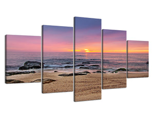 Yan Quan Modern Seascape Canvas Wall Art Beautiful Sunrise and Blue Sky on the Beach Posters 5 Panels Ocean Giclee Canvas Prints Artwork for Home and Office Decoration - 60''W x 32''H