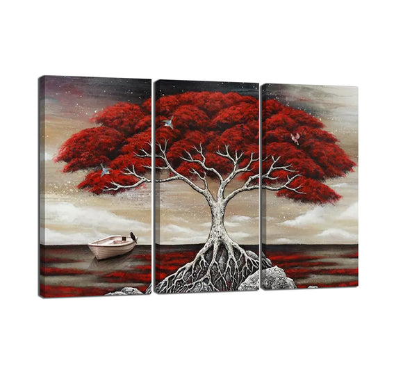 Yan Quan Large Size Decorative Artwork 3 Panels Hand-pianted Red Tree and a boat on the River Oil Painting on Canvas Wall Art for Home Decorations - 60