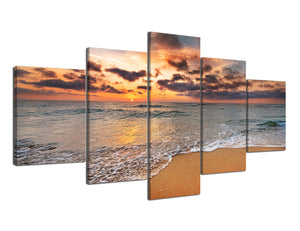 5 Panels Contemporary Canvas Wall Art Sunset White Wave on Beach Nature Seascape Gallery-Wrapped Giclee Canvas Prints Stretched and Framed Ready to Hang for Home Decor - 60''W x 32''H
