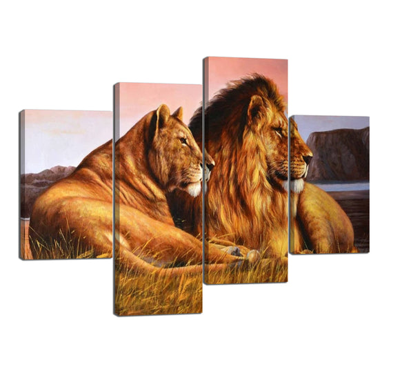 Yan Quan Lioness Lion on The Prairie Canvas Posters Art 4 Panels Modern Animals Gallery-Wrapped Giclee Prints Wall Artwork Bedroom Living Room Bathroom Decoration - 48''W x 36''H