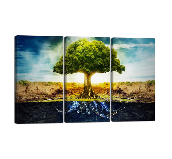 Yan Quan 3 Panels Green Tree Giclee Print Artwork Green Bright Lively Tall Tree Growing in the Drying Grass Pictures on Canvas Wall Art for Home Decor Wall Decor - 36
