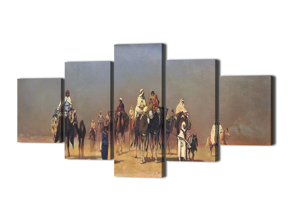 5 Piece Beautiful Canvas Wall Art - People and Camel in Desert Oil Painting - for Modern Home and Office Decoration - 60''W x 32''H
