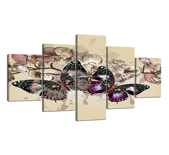 Modern Animal Giclee Canvas Prints 5 Panels Colorful Butterflies and Flowers Painting Artwork Wall Art Easy Hanging for Bedroom Living Room and Bathroom Decoration - 60''W x 32''H